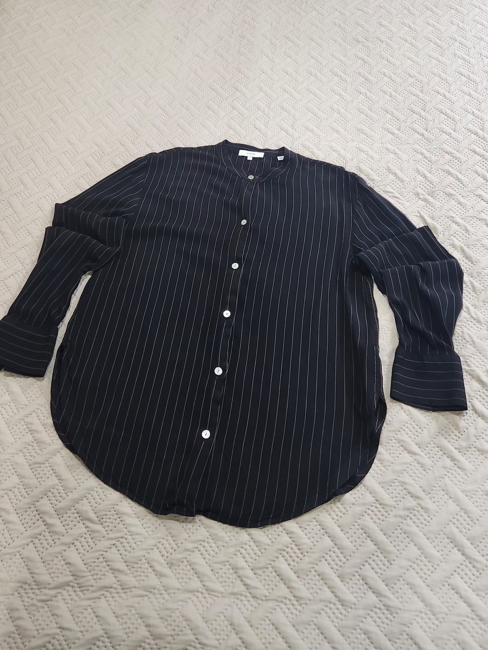 Vince Black Pinstripe Band-Collar Button-Down Shirt